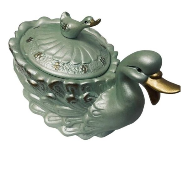 American Style Porcelain Blue Swan Lidded Cookie Jar Collectible Decorative 9" - Picture 3 of 15
